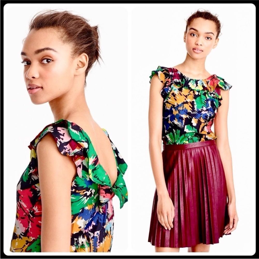 J.CrewโSilk Ruffle Brushstroke Blouse Vibrant Colorful AbstractโFloral